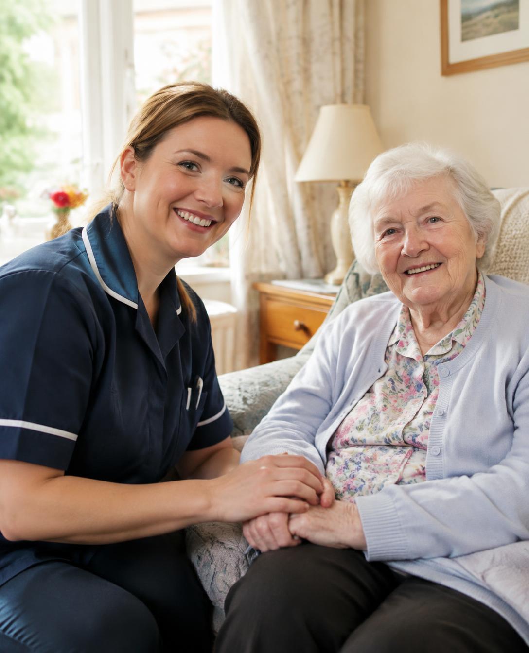A Newman Healthcare carer holding hands with a smiling elderly woman at home