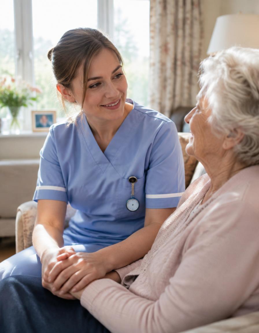 Nurse holding an elderly woman's hand in a sunlit living room