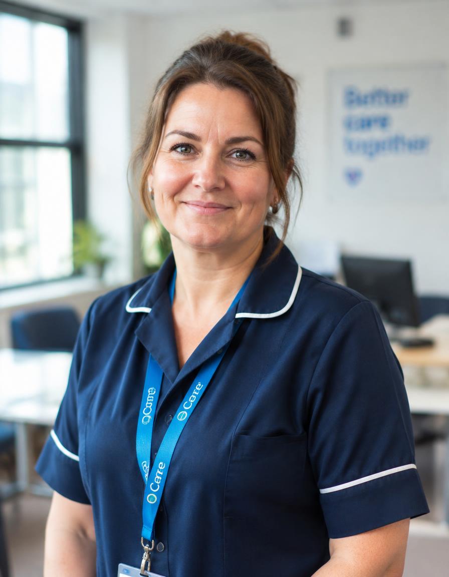 Smiling care team leader in a navy uniform in a bright office